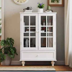 White 38 in. H Glass Door Storage Cabinet with Adjustable Shelf and Drawer - Picture 1 of 8