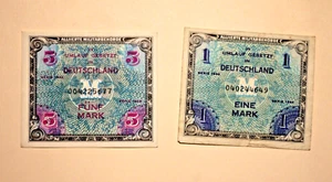 1944 Germany Alliierte Militarbehorde 1 Mark and 5 Mark Military Banknote - Picture 1 of 2
