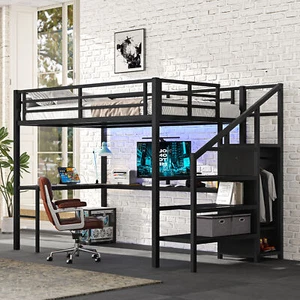 Full Size Loft Bed Frame with L-shaped Desk /USB/Wardrobe/ Adjustable Shelf /LED - Picture 1 of 12