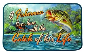 "A Fisherman Lives Here With the Catch of His Life" Welcome Door Mat 29X18 - Picture 1 of 2