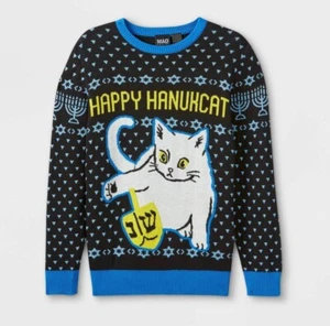 Kids Hanukkah Cat Sweater - Happy Hanukcat - Size Large 10/12 - Picture 1 of 1