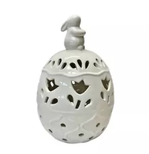 White Ceramic Easter Egg Light with Bunny and Tulip Cutouts – Spring Home Decor - Picture 1 of 5