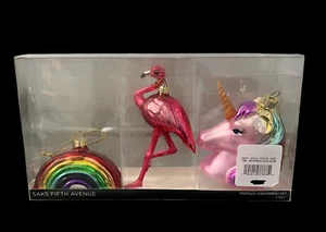 Saks Fifth Avenue Fantasy Ornament Set 3 Pc Flamingo Unicorn Rainbow Christmas - Picture 1 of 5