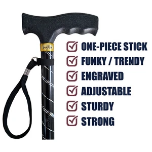 TAMAKA Ladies Black/Silver Engraved Etched Stripes Adjustable Walking Stick Cane - Picture 1 of 12