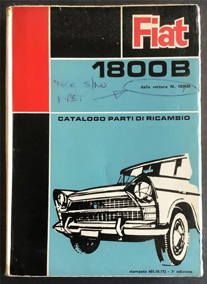 FIAT 1800B Car Illustrated Spare Parts Catalogue JAN 1969 #603.10.172 - Image 1 of 4