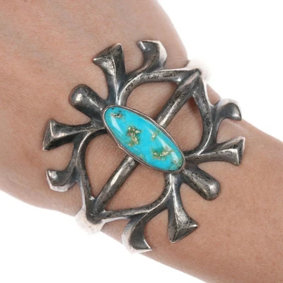 6.25" Vintage Native American Sandcast cuff bracelet with turquoise - Image 1 of 4