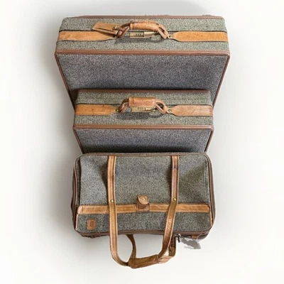 Vtg Hartmann Leather Belted Tweed Luggage Suitcases luxury Set Of 3. - Image 1 of 4