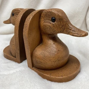 Vintage Glass Eye Mallard Resin Duck Head Bookends Pair Brown Bird Wood Like - Picture 1 of 7
