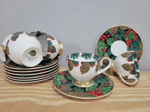 Fitz & Floyd Holiday Pine Bone China Christmas 2Pcs Cup Saucer Set - Picture 1 of 9