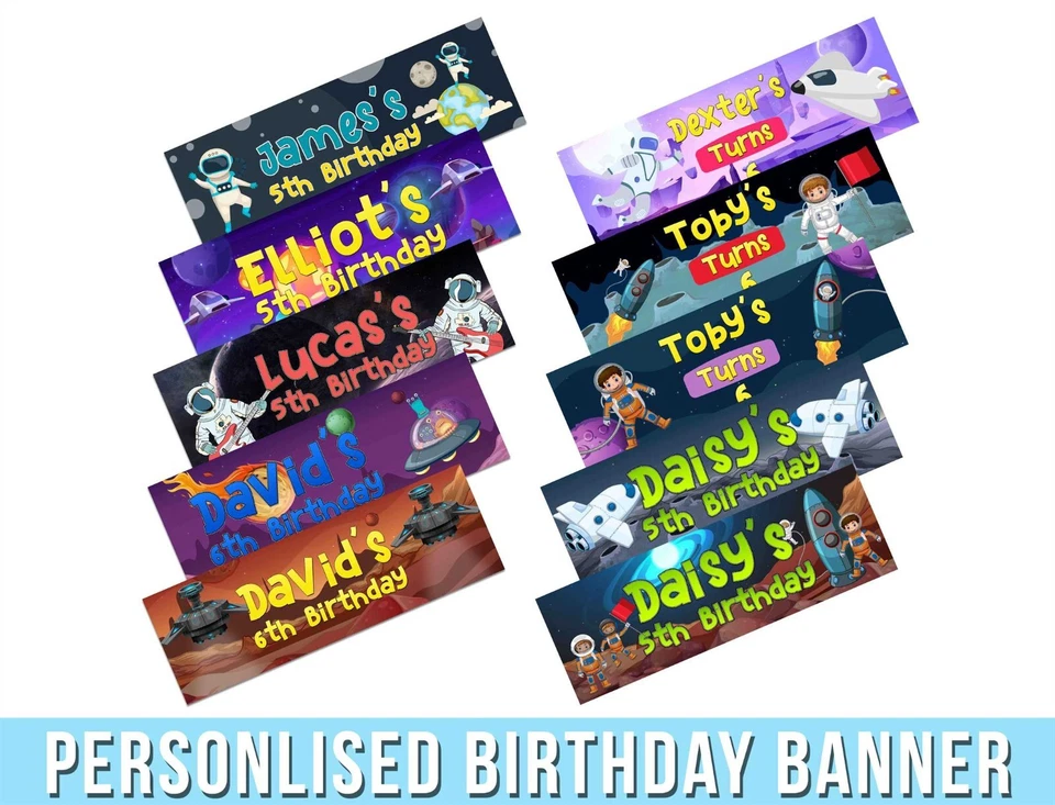 Pancartas de cumpleaños de diseño espacial personalizadas para niños fiesta decoración niños 236 Foto 1 de 1