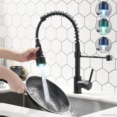 TOPSHOWER LED Black Kitchen Sink Faucet Pull Down Sprayer Spring 1 Hole Swivel Mixer Tap