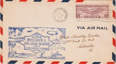 1ST COMBINED PASSENGER & AIR MAIL SERVICE - ST. PETE, FLORIDA 1931 - Image 1 of 2