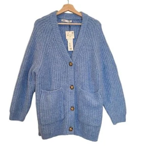 Zara Cardigan Sweater Women Medium Blue Knit Alpaca Blend Oversized Button Front - Picture 1 of 6