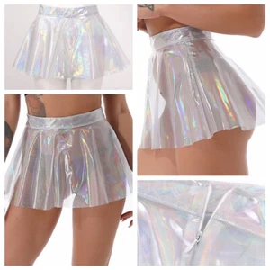 Women Clubwear Liquid Mini Skirt Flared Costume Skater High Waist Party A-Line - Picture 1 of 25