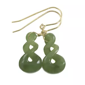 Jade Ohrringe grün Nephrit natürlich geschnitzt 3 Unendlichkeit Tropfen 14k Sterling Gold - Bild 1 von 10