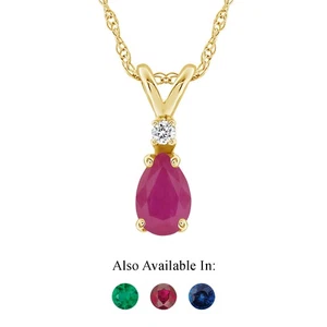 14K Yellow Gold 6x4mm Pear Shape Natural Ruby Diamond Accent Pendant Necklace - Picture 1 of 4