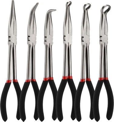 6PCS Extra Long Reach Pliers Set, 11" Straight, 45 and 90 Bent Nose, 5/16", 1/2" - Image 1 of 4