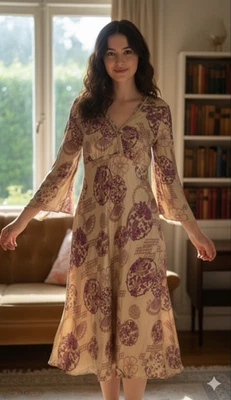 VTG Jonathan Martin Woman’s Silk Dress 12 Fairy Grunge Whimsigoth Tan Purple - Image 1 of 4