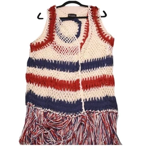 Chaleco Frazzle Crochet XL Sin Mangas Rojo Blanco Azul Flecos Festival Boho - Imagen 1 de 4