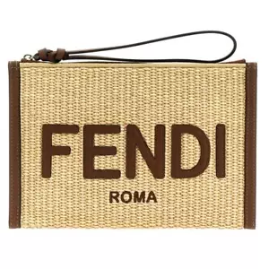 NEW FENDI RAFFIA LEATHER LOGO WRISTLET SUMMER CLUTCH POUCH ZIP BAG AUTHENTIC! - Picture 1 of 16