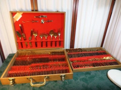 144pc Thailand Brass Flatware Set w/Handled 2 Tier Wooden Case-Service for 12 - Image 1 of 4