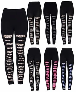 Neu Damen Frauen schwarz Mode Leopardenmuster Spitze zerrissen Strumpfhose - Bild 1 von 11