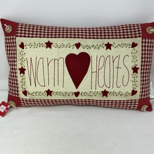 Pillow Primitive Decor Embroidered WARM HEARTS 12” x 19” - Picture 1 of 8