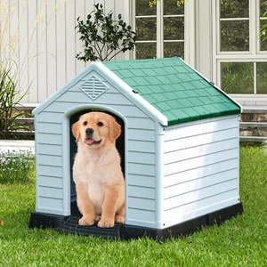 Indoor Outdoor Plastic Dog House Small Medium Pet Doghouse White Green Roof - Picture 1 of 5