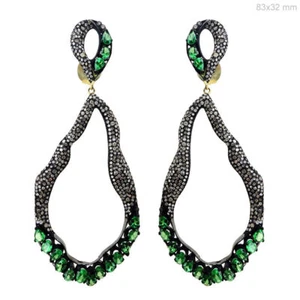 Tsavorite Gemstone Pave Diamond 14k Gold Silver Dangle Earring Fine Jewelry - Picture 1 of 4