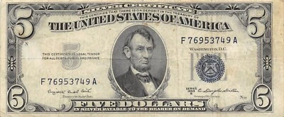 USA   $5  Series of 1953 B  Block  F - A  Circulated Banknote ZA - Image 1 of 2