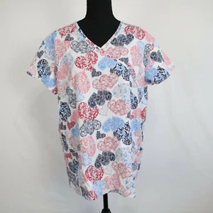 Metro Scrubs Top Womens Medium Medical Uniform Colorful Heart Short Sleeve - Picture 1 of 7