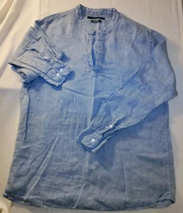 Men Perry Ellis Portfolio Blue Linen Collarless Dress Shirt Large L VTG NWOT - Picture 1 of 4