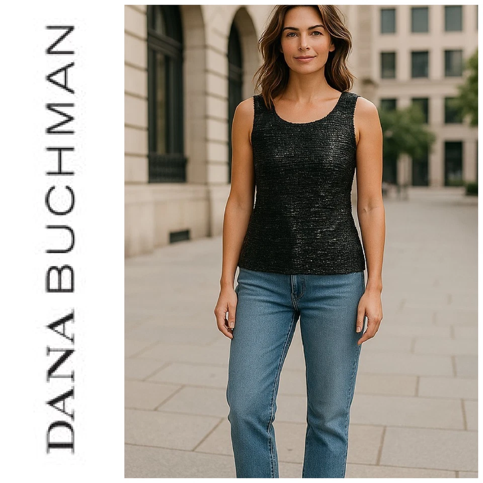 Camiseta sin mangas maximalista vintage Dana Buchman talla M negra totalmente con lentejuelas tejida elástica Foto 1 de 4