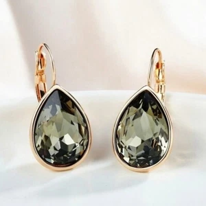 18K Rose Gold Filled Made With SWAROVSKI Crystal Olive Pear Drop Hoop Earrings - Picture 1 of 4