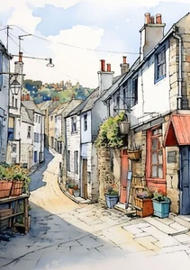 Cornish Coastal Seaside Watercolour Painting Scenic Cottages Art Print Poster - Picture 1 of 6