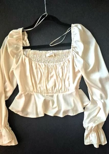 Idem Dito Puffed Sleeve Smocked Peasant Blouse Top Size S in Cream Ivory Tan - Picture 1 of 19