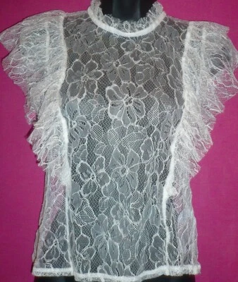 NEW LOOK Cream Sheer lace Victorianesque frilled net top UK 10  - Image 1 of 4