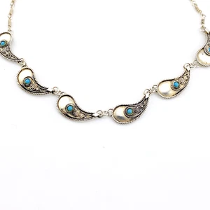 Vintage Paisley Glieder Türkis Glas Cabochon Sterlingsilber Halskette 16,5 Zoll - Bild 1 von 10