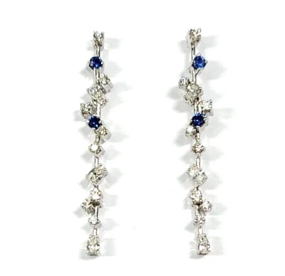 Diamond and Sapphire 14k White Gold Long Dangling Earrings - Image 1 of 4