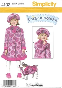 Simplicity 4102 DAISY KINGDOM Coat, Scarf, Hat & Dog's Coat Sz 3-8 UNCUT Pattern - Picture 1 of 4