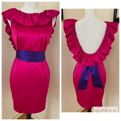 Aqua Dress Women’s 6 Fuchsia Satin Ruffled Open Back Short Party Cocktail Outfit - Image 1 of 4