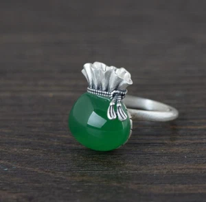 I05 Ring Sack Beutel Säckchen grüner Chalzedon Silber 925 größenverstellbar - Bild 1 von 1