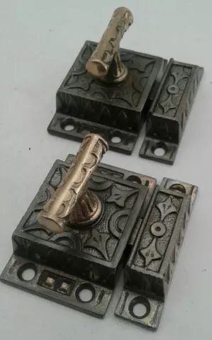 Antique Cabinet Catches Cupboard Latches Brass & Cast Iron Hardware Lot of 2 Cover