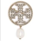 Tory Burch Miller Pave Gold Crystal And Pearl Embellished Brooch Pin.