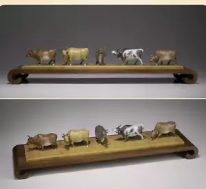 30" China Pure Bronze Painted Five Cows Cattle Ox Animal Art Statue - Picture 1 of 18