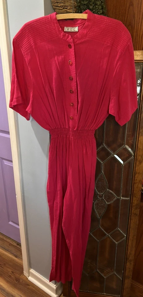 Macacão Vintage Anos 80 Califórnia R O C ROC Vermelho Rosa Elástico Cintura Glam Romper M G - Imagem 1 de 4