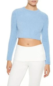 Women's Forever 21 Stone Blue Fuzzy Knit Cropped Sweater Size Large - Picture 1 of 15