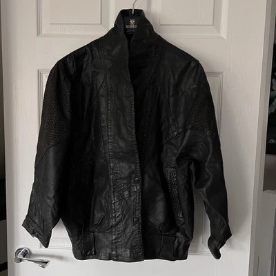 Vintage 80s 90s Retro Suede Leather Jacket Women’s Large Black Batwing Sleeve - Image 1 of 4
