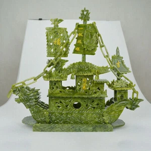 Große chinesische handgeschnitzte 100 % natürliche Jade Drache Räucherstatue Drachenboot - Bild 1 von 4