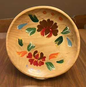 Vtg Wooden Bowl Hand Painted Flowers Signed Daeffler 9.5” X 1.5” - Picture 1 of 5